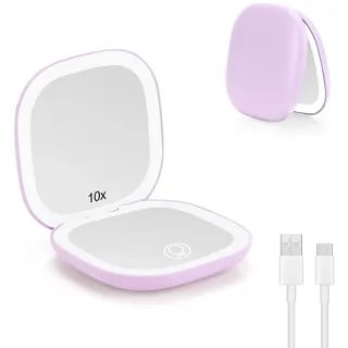 Collazoey LED Taschenspiegel mit 1X/10X vergrößerung, USB Wiederaufladbarer Reisespiegel, 3 Beleuchtung Einstellbar, Magnetschalter Taschenspiegel Klappbar, Tragbarer Handspiegel (Violett)