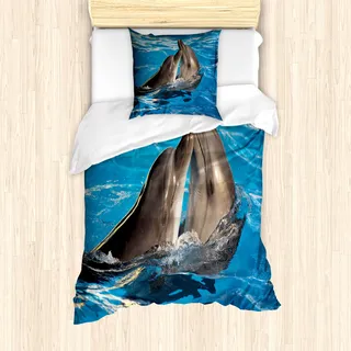 ABAKUHAUS Delfin Mantele, Aqua Show Fotografie, Milbensicher Allergiker geeignet mit Kissenbezügen, 135 cm x 200 cm - 80 x 80 cm, Blau Dunkel Taupe - Blau, Taupe