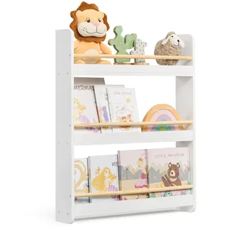 Songmics Bücherregal Kinder, Kinderregal mit 3 Ebenen, Spielzeugregal, Wandregal, für Kinderzimmer, Spielzimmer, weiß-naturfarben