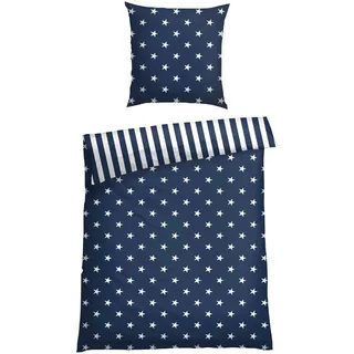 SCHIESSER Wendebettwäsche Stars & Stripes aus weicher Baumwolle mit Sternenprint, Feinbiber, 2 teilig, MADE IN GREEN by OEKO-TEX®-zertifiziert blau