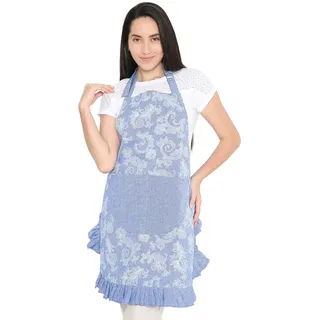 Encasa XO Schürze für Frauen | Baumwolle Chambray Stoff mit Blumen-Rüschen | Küchenschürze Kochschürze mit 2 großen Taschen | Stylischer Schutz - 70x85 cm - Blau