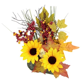 Flair Flower I.GE.A. Kunstblume Gesteck aus Sonnenblumen auf Stein" künstliche Blumen Herbstgesteck Deko Ornamente für Halloween, gelb, orange