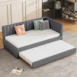 LVHOM Tagesbett 90x200cm, Daybett mit Ausziehbarer Liegefläche 90x190cm, Schlafsofa Grau - Grau