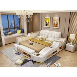 Funktion Bett Doppelbett Lederbett Betten Leder Polster Schlafzimmer Ehe USB LED - Weiß