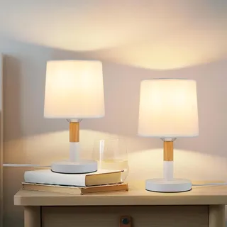 ZMH Nachttischlampe 2er Set Schlafzimmer Weiß Tischleuchte  Kleine Tischlampe E27 Fassung  Landhausstil Modern Holztischlampen für Bett Esszimmer Studie - Weiß