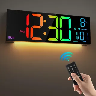 HAITANG 16'' Schwarz große Digitale Wanduhr für Wohnzimmer, Fernbedienung, Dual-Alarm, 8 RGB-Farben, großes LED-Display, automatische Helligkeit, Datum, automatische Sommerzeit, Temperatur