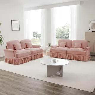 Sweiko Elegantes Mid-Century L-förmiges 2-Sitzer Sofa aus Chenille mit Trichter-Armlehnen, abnehmbarer Rüschenschürze, spindelförmigen Beinen & beweglichem Hocker,rosa
