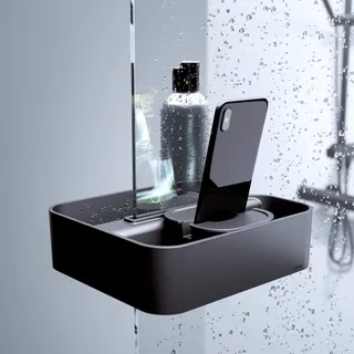 Tiger 2-Store Clip-on Duschkorb, Duschablage zum Klemmen auf die Duschwand, Montage ohne Bohren, Ablage für Duschgel mit integriertem Haken + Smartphone-Halter, Edelstahl, Kunststoff, Farbe: Schwarz