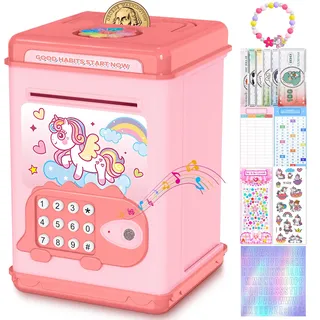 TCJJ Sparschwein für Kinder, Einhorn-Tresor Spardose Mädchen mit Passwort & Fingerabdruck-Entsperrung, 4 Aufkleber & Einhorn-Armband & Bargeldbuch,Mädchen Einhorn-Geschenke zum Geburtstag, Weihnachten