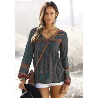 Schlupfbluse BUFFALO, Damen, Gr. 36, blau (petrol, bedruckt), Web, Obermaterial: 100% Viskose, bedruckt, figurumspielend hüftlang, V-Ausschnitt, mit Gummizug, Blusen Schlupfbluse, mit Ethnodruck und Zierperlen, Boho-Style, Langarmbluse, Topseller