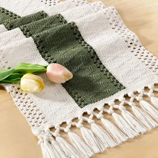 Socomi Boho-Tischläufer, rustikal, rustikal, für Esszimmer, Küche, Dekoration, kleines Makramee, gewebte Baumwolle, Leinen, Couchtischläufer für Kommode, Schal, Heimdekoration, 30,5 x 183 cm, Olivgrün