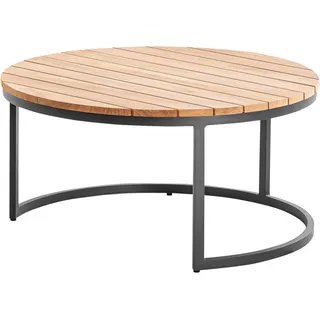 Loungetisch , Teakfarben , Holz , Teakholz , massiv , rund , Flachrohr, C-Form , 80x41x80 cm , wetterbeständig , Gartenmöbel, Gartentische, Loungetische