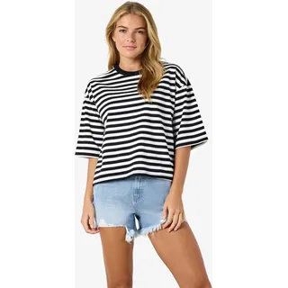 Sweatshirt NOISY MAY "NMEMBER 2/4 STRIPE SWEAT BOX", Damen, Gr. XS, schwarz-weiß (schwarz stripes:cloud dancer), Sweatware, Obermaterial: 100% Baumwolle, gestreift, normal, Rundhals, Sweatshirts Sweatshirt