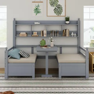 Ball & Cast Multifunktionales Massivholz Schlafsofa 200x90 cm, 2-in-1 Bett und Schreibtisch, Frei Umbaubar, Mit Bücherregal Zur Aufbewahrung, Mit Bequemen Kissen, Gästebett Einzelholzbett, Grau