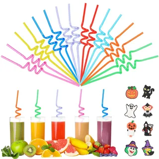 32 Stück Kinder Strohhalme, Wiederverwendbare Kunststoff Trinkhalme, Gekräuselte Crazy Straws Cartoon-Dekor, Bunte Strohhalme für Kindergeburtstag, Party Deko, Schule & Feiertage