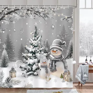 Bonhause Duschvorhang Weihnachten Schneemann Xmas Baum Winter Schneeflocken Duschvorhänge 180 x 180 cm Anti-Schimmel Wasserdicht Polyester Stoff Waschbar Bad Vorhäng für Badzimmer mit 12 Haken