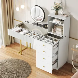 STILVORA Schminktisch-Set mit LED-Beleuchtungsspiegel und gehärteter Glasplatte, Kosmetiktisch mit 5 Schubladen und Schrank, Schminkkommode mit 3-Farb-LED-Licht für Schlafzimmer und Ankleidezimmer, Weiß - Weiß