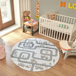 Livabliss Straßenspiel Waschbarer Kinderteppich – Kinderteppich 160x160 cm für Mädchen- & Jungenzimmer, Spielzimmer & Kinderzimmer – Waschbar, Tiermotiv, Cremefarben