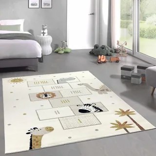 CARPETIA Kinderteppich Kinderzimmer Teppich Schlafzimmer Kurzflor Teppich weich pflegeleicht strapazierfähig Unterlage Tiere Löwe Giraffe Palmen Creme 120 x 170 cm
