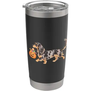 Halloween Langhaar Tigerdackel Süßes oder Saures Motiv Doppelwandiger Edelstahl-Thermobecher