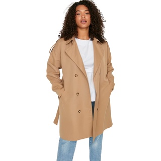 TRENDYOL Damen Wickelform Zweireihig Plain Webstoff Größen in Trenchcoat Coat, Kamel, 46