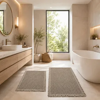 Großes Badezimmerteppich, Badteppich Set 2 Teilig, Rutschfest Waschbar Boho Bathroom Mat, Rhombische Badvorleger Badematte Duschvorleger für Badezimmer,Waschküche,Wohnzimmer Schlafzimmer (Khaki)