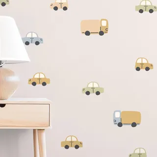 Klebekerlchen® | Wandtattoo Kinderzimmer Junge & Mädchen – Wandsticker Auto Retro-Stil, selbstklebend & rückstandsfrei – wiederverwendbare Kinderzimmer Deko Fahrzeuge Sticker (Set 20 Motive)