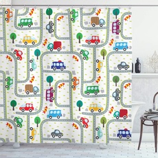 ABAKUHAUS Autos Duschvorhang, Kinder, die auf Verkehr, Stoffliches Gewebe Badezimmerdekorationsset mit Haken, 175 x 200 cm, Elfenbein Mehrfarbig
