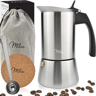 Milu Espressokocher Induktion geeignet | 2, 4, 6, 9 Tassen | Edelstahl Mokkakanne, Espressokanne, Espresso Maker Set inkl. Untersetzer, Löffel, Bürste (4 Tassen 200ml)