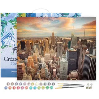 Figured'Art Malen Nach Zahlen Erwachsene Mit Rahmen Sonnenuntergang über New York - Paint by Numbers Basteln DIY Bastelset 40x50cm Leinwand gespannt auf Holzrahmen