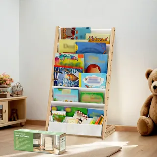 COSYLAND Bücherregal Kinder mit 6 Oxford-Stoff Fächern - Kinderbücherregal aus Naturholz - Bücherregal Kinderzimmer mit abgerundeten Ecken & platzsparend 42L x 30B x 76H cm(Naturholzfarbe