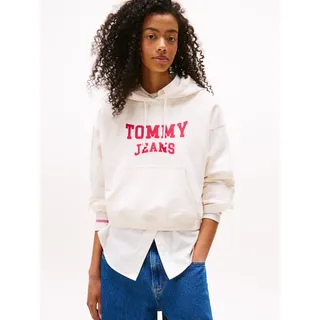 Kapuzensweatshirt TOMMY JEANS "TJW BXY CRP VARSITY HOODIE", Damen, Gr. M (38), weiß (ancient weiß), Sweatware, Obermaterial: 100% Baumwolle, bedruckt, Sweatshirts Kapuzensweatshirt