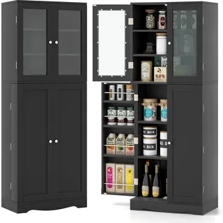 COSTWAY Küchenschrank mit Glastüren & Kippschutz, Hochschrank , Küchenbuffet freistehend, Mehrzweckschrank Holz, 1 St. Schwarz 60x31,5x161,5cm - Schwarz