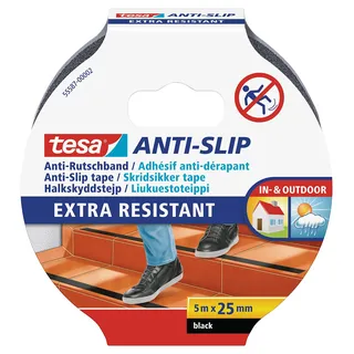 tesa Anti-Rutschband - Rutschfestes Klebeband für innen und außen - Für Treppen, Leitern und glatte Böden - Schwarz - 5 m x 25 mm