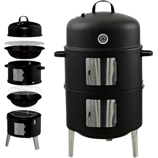 RS 400 - Smoker zum Grillen – 3-in-1 Holzkohlegrill mit Deckel zum Räuchern, Grillen und Garen (Wasserschale, 2 Grillroste, Räucherhaken, Temperaturanzeige) - Räuchertonne für Garten und Camping - Schwarz