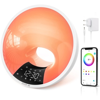 edup in Lichtwecker Wake Up Light Smart Wecker Simuliert Sonnenaufgang Bluetooth Lautsprecher APP Steuerung 4 Wecker Snooze 16 Mio. Nachtlicht 7 Naturtöne Dimmbar USB Anschluss Radio Adapter Weiß