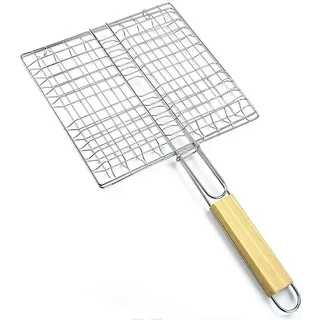 Grillguthalter mit Holzgriff | BBQ Grillkorb für Fischgemüse Steak Garnelenkoteletts | 23 x 21 cm Grillgitter aus Metall | Gemüsekorb Burger Grillwender | Grilling Basket | Grill Rost zum Grillen