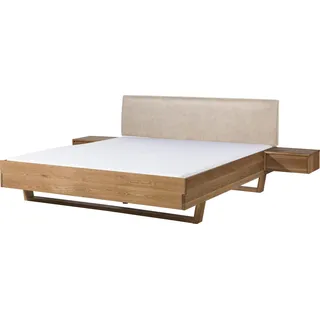 MASSIVMOEBEL24.DE Bett mit Nachttischen Eiche 200x200x85 natur geölt, Kopfteil beige FICHTELBERG #136 - Braun, Beige