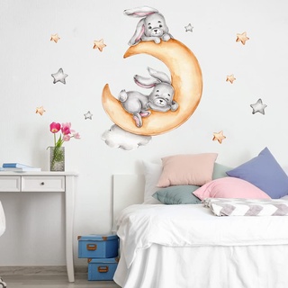 fanquare Zwei Kaninchen Schlafen auf dem Mond Wandtattoo Gelb und Gary Stern abnehmbare Vinyl Wandaufkleber für Schlafzimmer Kinderzimmer