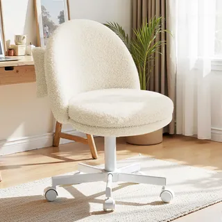 COMHOMA Homeoffice Stuhl, Schminkstuhl, Schreibtischstuhl ohne Armlehnen, Drehstuhl , Bequemer Bürostuhl auf Rollen, Höhenverstellbare Flausch Weiß - Weiß