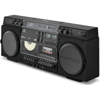 Medion P66538 Kassettenrecorder (Retro Ghettoblaster mit CD-Player, 80er, groß, USB, SD, CD, Kassetten MC, DAB+ Radio Bluetooth, Kassettendeck, Aufnahmefunktion, Batteriebetrieben) schwarz - Schwarz