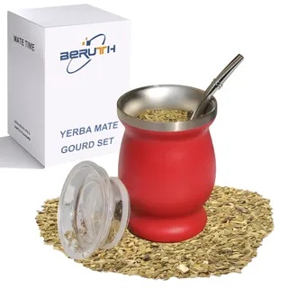 Beruth Bombilla Yerba Mate Gourd, 237 ml Edelstahl-Teetassen-Set mit einem multifunktionalen Deckel, zwei Trinkhalmen und Reinigungsbürsten, Wärmeisolierung, Verbrühungsschutz BR2303 (rot)