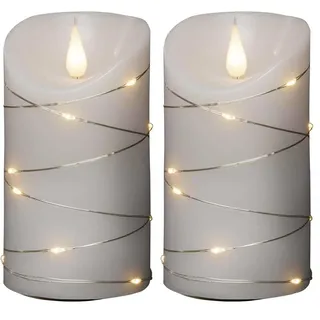 Konstsmide LED Echtwachskerze, weiß, mit 3D Flamme und silberfarbenem Draht umwickelt, mit 4h und 8h Timer, 1 warm weiße Diode / 13 LED Tropfen, batteriebetrieben, Innen - 1834-190 (Packung mit 2)