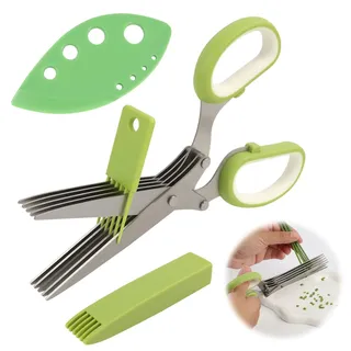 Edelstahl Küchenschere 5 Klingen, ergonomische Küchenschere Edelstahl für Kräuter und Gemüse, Kräuterschere mit Reinigungkamm und Klingenschutz, Haushaltsschere für Schnittlauch und Petersilie