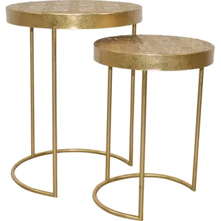 Beistelltisch INOSIGN, gold (goldfarben, goldfarben, goldfarben, 66), B:50cm H:66cm T:50cm, Extravagant, vielseitig einsetzbar und pflegeleicht: Mit diesen Attributen punktet der Beistelltisch im 2-er Set. In dem Möbel-Set sind zwei runde Tische enthalten, die unterschiedlich hoch sind. Aufgrund der Bauart des Gestells kann der kleinere unter den großen Tisch geschoben und so platzsparend verräumt werden. Die Optik der Kleinmöbel ist durch die extravagante Gestaltung in goldfarbenem Metall geprägt. Die