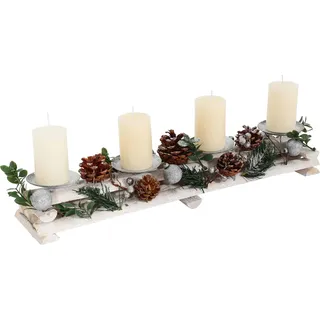 Adventsgesteck HWC-M12 mit Kerzenhaltern, Adventskranz Weihnachtsdeko Holz silber weiß 18x49x13cm mit Kerzen - Weiß