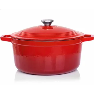 VeoHome Gusseisentopf 6L Bräter Gusseisen Topf rot - Schmortopf |Bratentopf | Bratpfanne | Kochtopf| Schmor- oder Bratgerichte Eintopf, Brotbacken| Dutch Oven|Backofengeeignet| Emaille