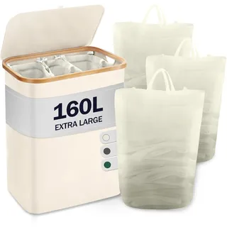 YOUDENOVA Wäschekorb mit Deckel 3 Fächer 160L Wäschesammler mit 3 Wäschesäcke Groß faltbarer Wäschesortierer Holz Bambus Wäschetruhe hoch Laundry Baskets, Beige