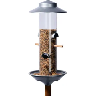 LUXUS-VOGELHAUS Große Futtersäule inklusive Ständer - Vogelfutterspender Kunststoff - Futterstation für Wildvögel - Futterteller für den Garten - 4 Anflugplätze - 16,5 x 16,5 x 138,5 cm - Silber
