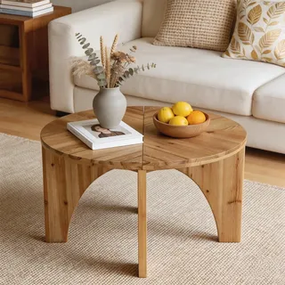 Couchtisch aus Massivholz, 80 cm Durchmesser, Landhaus-Mitteltisch mit geschwungenen Beinen, runder Cocktail- oder Teetisch für Wohnzimmer, Naturholz - Braun